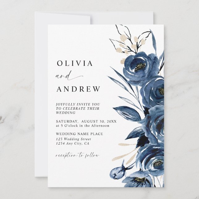 Convites Simples Elegante Azul Marinho Boho Floral Casament (Frente)