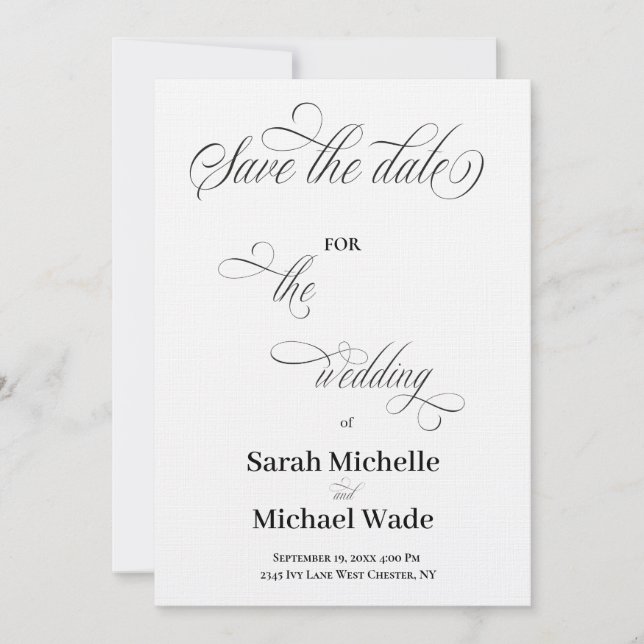 Convites Simples Elegante Caligrafia Script Salve a data (Frente)
