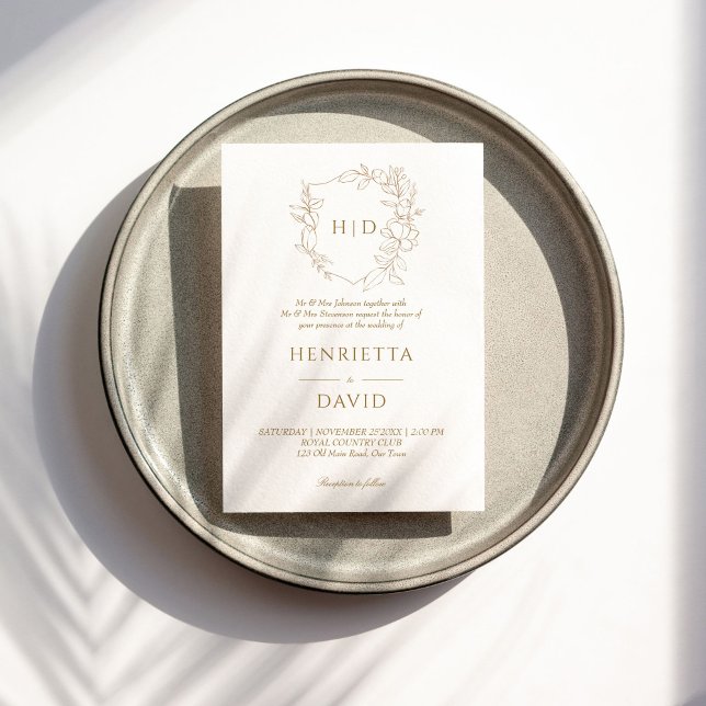 Convites Simples elegante da crista de casamentos (Wedding crest simple elegant botanical gold wedding invitation template instant download)