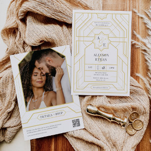 Convites Simples Elegante Dourado Art Deco QR Code Foto