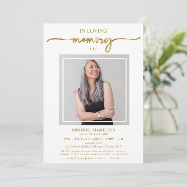 Convites Simples Elegante Em Foto Funeral De Memória Adorad (Em pé/Frente)