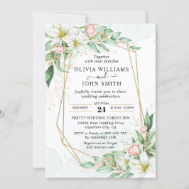 Convites Simples Elegante - Floral Geométrico Rosa - 002 Co