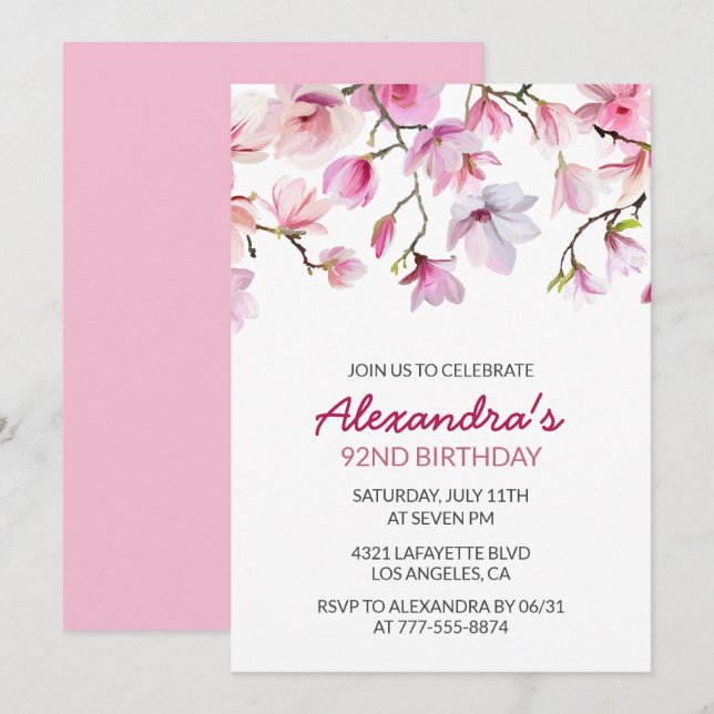 Convites Simples Elegante Rosa Boho Aquarela 92º aniversári (Frente/Verso)