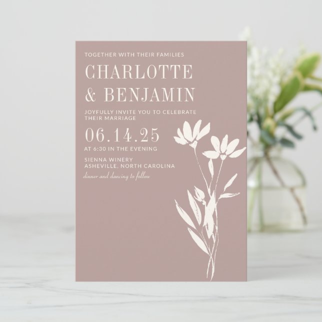 Convites Simples Elegantes Botânicos Casamento Marfim Rosa  (Em pé/Frente)