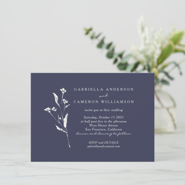Convites Simples Elegantes Flores Casamento Azul Marinho Ma (Em pé/Frente)
