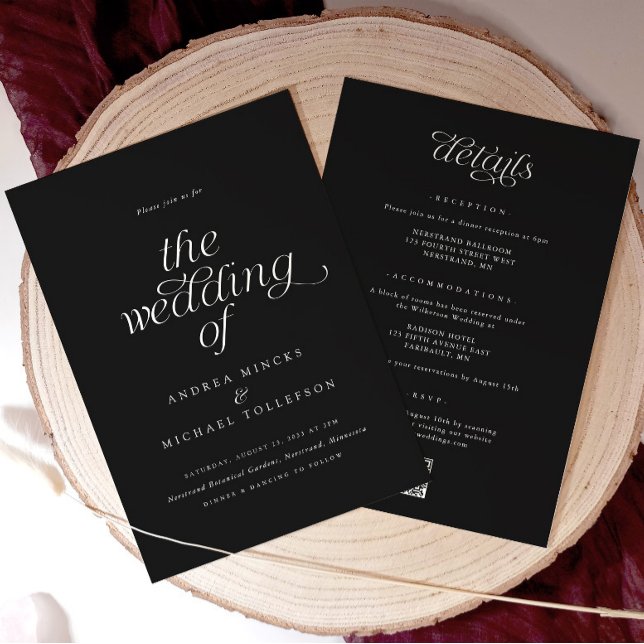 Convites Simples Elegantes Românticos Todos em Um Casamento (Black wedding invitation with white text. Elegant and simple)