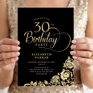 Convites Simples Elegantes Rosas Pretas e Douradas de 30 An