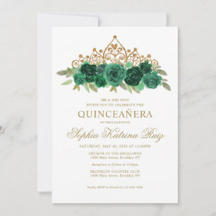 Convites Simples Esmeralda Verde Coroa Dourada Quinceañera