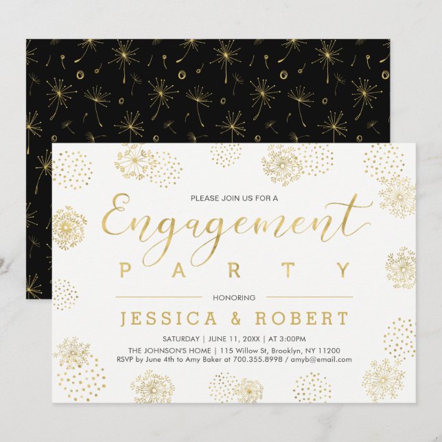 Convites Simples Estilo Dourado Festa de Noivado Casamento (Frente/Verso)