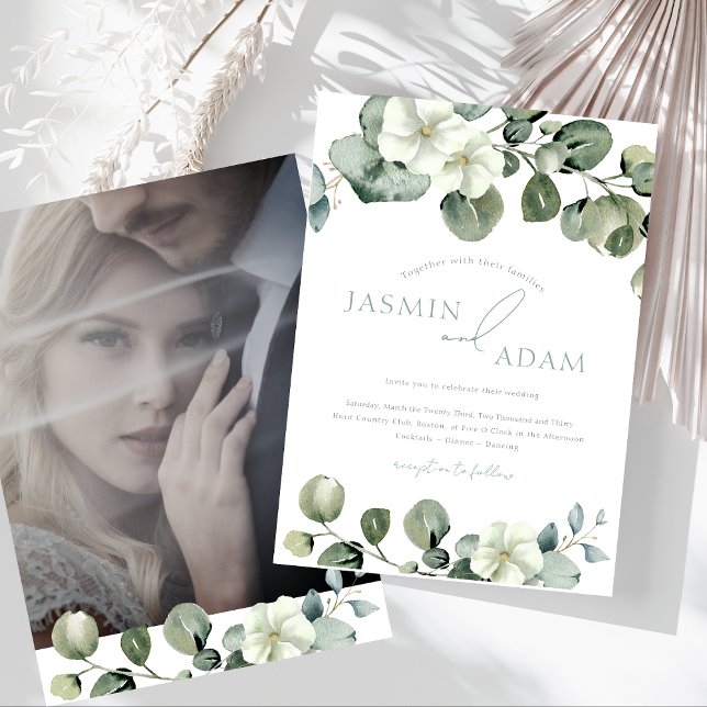 Convites Simples Eucalyptus Deixa Casamento De Foto Verde (Simple Eucalyptus Leaves Greenery Photo Wedding Invitation)