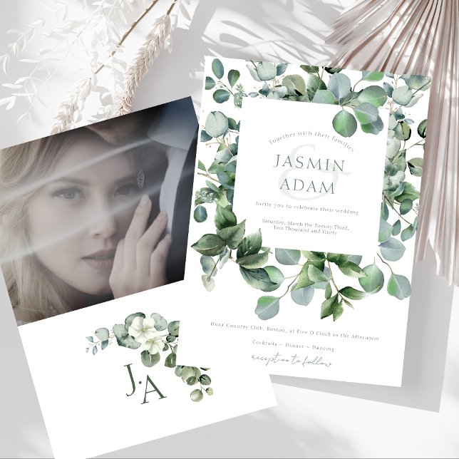 Convites Simples Eucalyptus Deixa Casamento De Foto Verde (Simple Eucalyptus Leaves Greenery Photo Wedding Invitation)