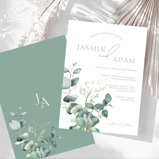 Convites Simples Eucalyptus Deixa Casamento de Monograma Ve (Simple Eucalyptus Leaves Greenery Monogram Wedding Invitation)