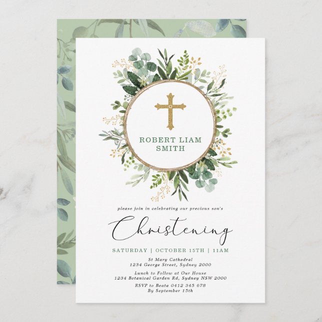Convites Simples Eucalyptus Greenery Dourado Cross Christen (Frente/Verso)