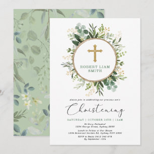 Convites Simples Eucalyptus Greenery Dourado Cross Christen