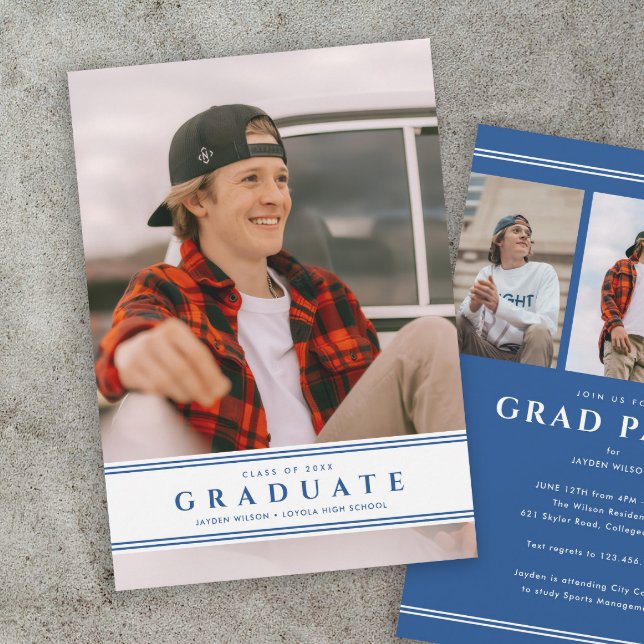 Convites Simples Festa de Formatura com Foto Esportiva Azul (Sporty blue and white photo graduation invitation announcements.)