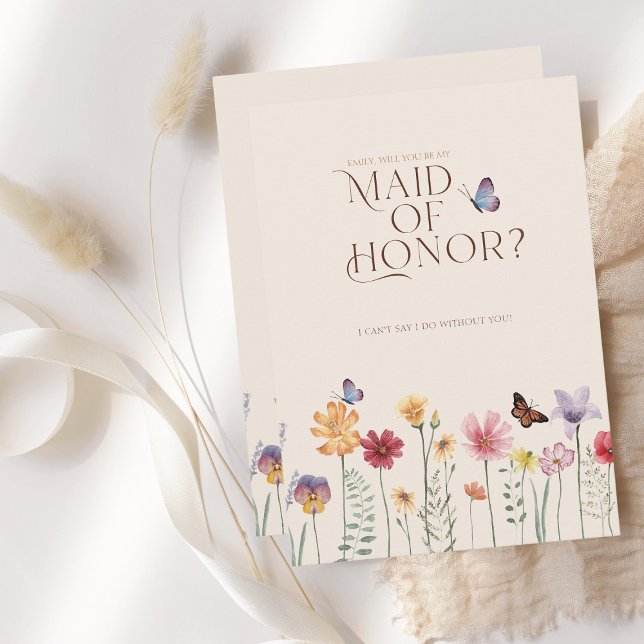 Convites Simples Flor Silvestre Colorida Seja Minha Dama de (Simple Colorful Wildflower Floral Wedding Maid of Honor Card)