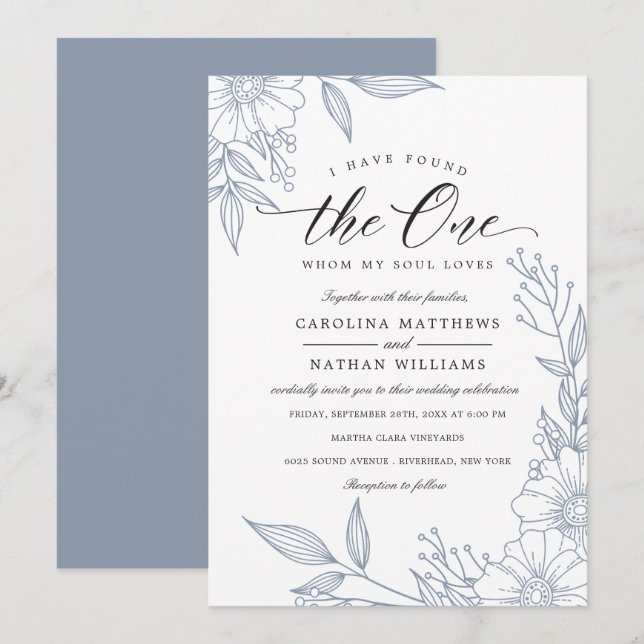 Convites Simples Floral Que Encontrei | Casamento Azul (Frente/Verso)