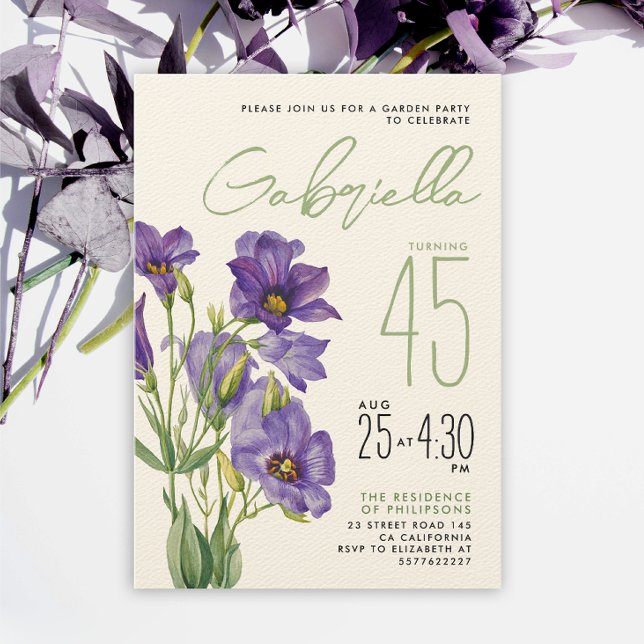 Convites Simples Flores de Lisianthus em Verde Sálvia Roxo  (Criador carregado)