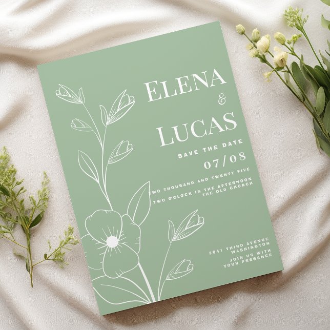 Convites Simples flores de menta brancas poeirentas esboço  (Simple white dusty mint flowers sketch wedding)