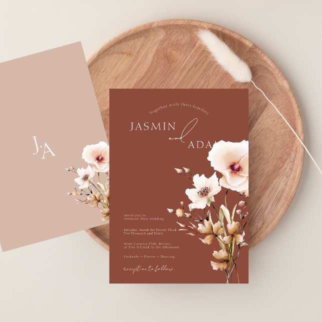 Convites Simples Flores Silvestres Rosa Terracota Casamento (Simple Terracotta Pink Wildflowers Floral Wedding Invitation)