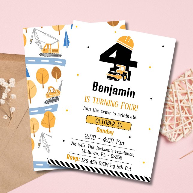 Convites Simples garotos de caminhão de construção 4 anos (Criador carregado)