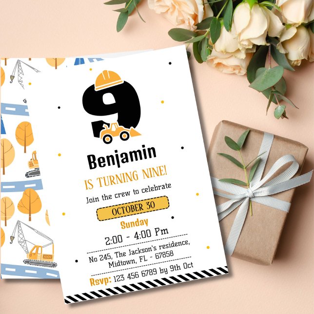Convites Simples garotos de caminhão de construção 9º anive (Criador carregado)
