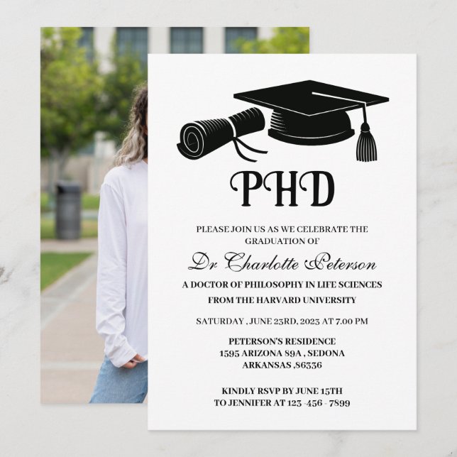 Convites Simples Graduação de Doutorado PHD com Foto Person (Frente/Verso)