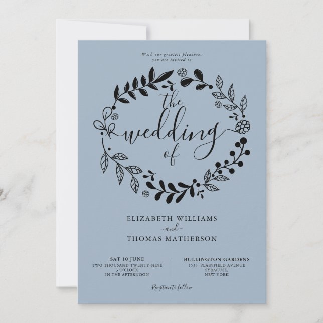 Convites Simples Grinalda Floral Azul Empoeirada Casamento (Frente)