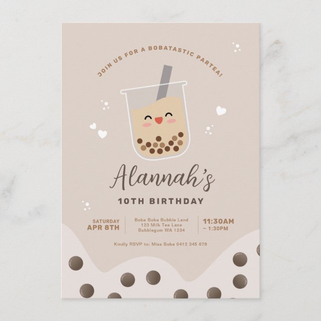 Convites Simples Kawaii Boba Bubble milk Tea Birthday (Frente)