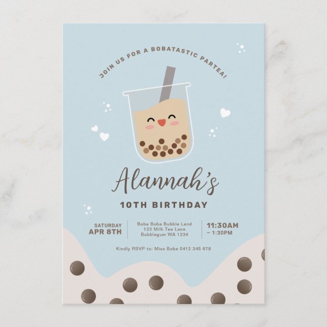 Convites Simples Kawaii Boba Bubble milk Tea Blue Birday (Frente)