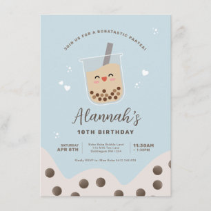 Convites Simples Kawaii Boba Bubble milk Tea Blue Birday