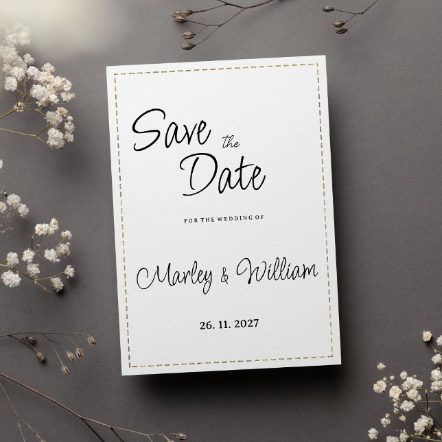 Convites Simples linha tracejada em branco preto Guardar a  (Simple black white gold dashed line Save the Date )