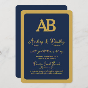 Convites Simples Marinho Dourado 2 Letra Casamento Monogram
