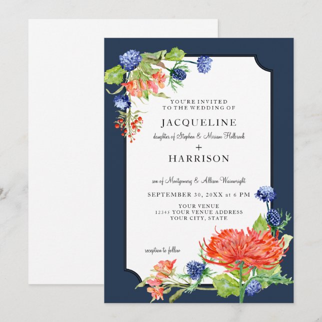 Convites Simples Marinho Floral de Aquarela Mãe Laranja (Frente/Verso)