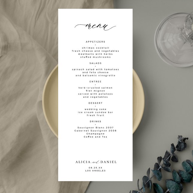 Convites Simples menu de casamento preto e branco elegante (Criador carregado)
