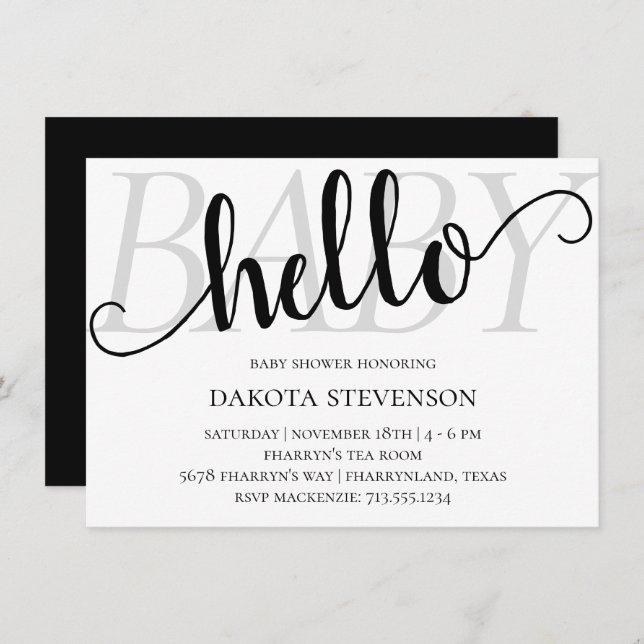 Convites Simples Modern Hello Baby | Chá de Script Flourado (Frente/Verso)