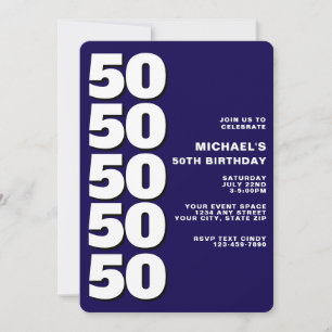 Convites Simples Moderno Aniversário de 50 anos Azul Marinh