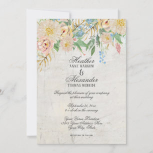 Convites Simples Moderno Aquarela Chinoiserie Floral Marble