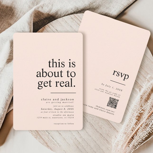 Convites Simples Moderno Isto Está Prestes a Ficar Real Cas (Simple modern minimalist blush pink black about to get real typography QR code wedding invitation)