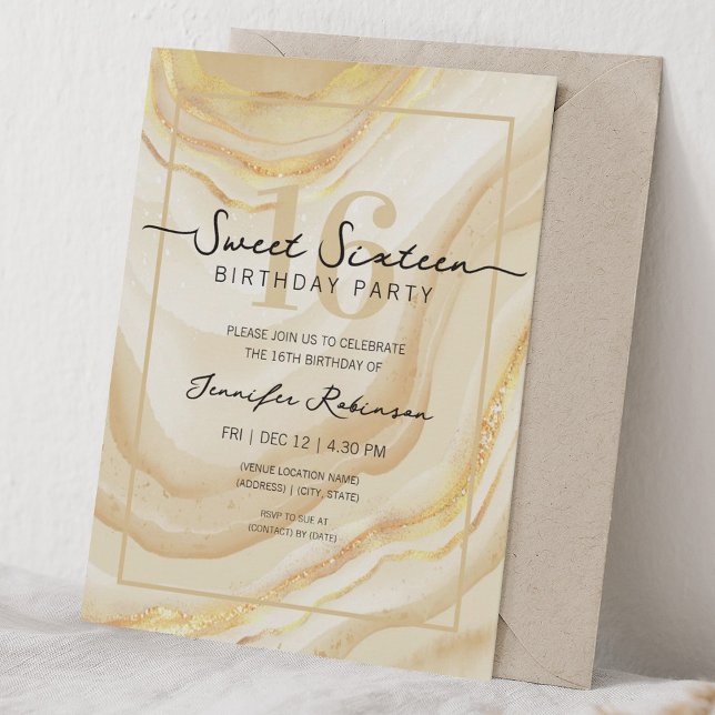 Convites Simples Moderno Mármore Doce 16 Dezesseis Festa Do (Simple Modern Marble Sweet 16 Sixteen Party Gold Invitation)