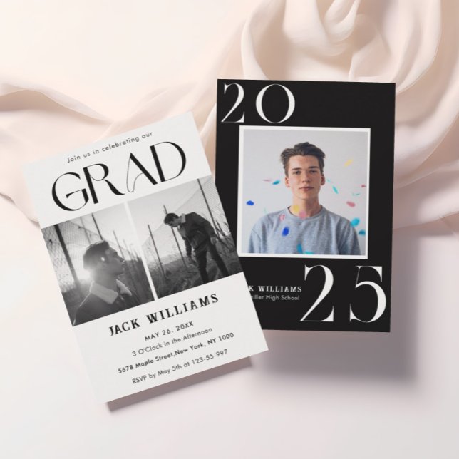 Convites Simples Moderno Preto e Branco, Festa de Graduação (Criador carregado)