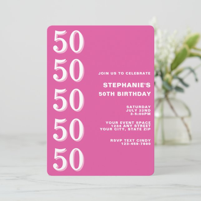 Convites Simples Moderno Rosa Aniversário de 50 anos Marco (Em pé/Frente)