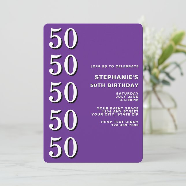 Convites Simples Moderno Roxo Aniversário de 50 anos (Em pé/Frente)