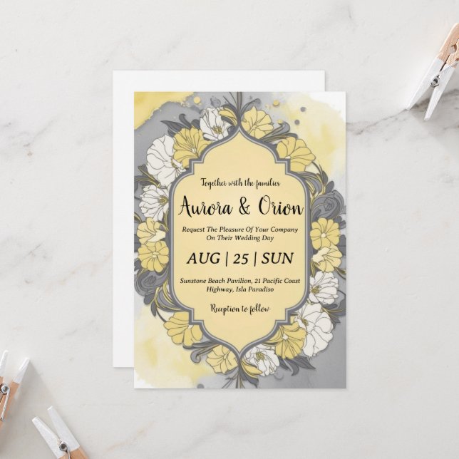 convites simples para casamento amarelo e cinza (Frente/Verso In Situ)