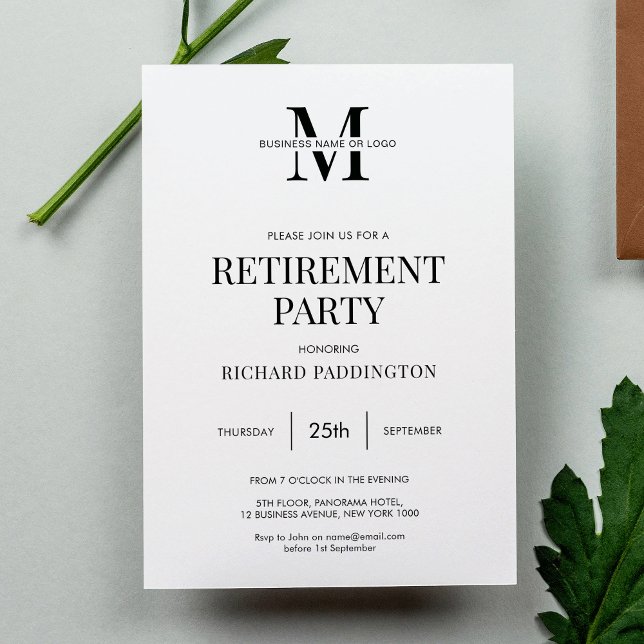 Convites Simples Partido da Reforma Preta e Branca (Minimalist simple black and white business retirement party invitation design)