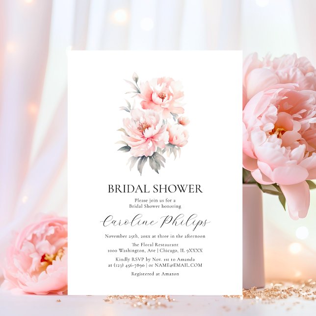 Convites Simples Pessoas Florais CHÁ DE PANELA Rosa Esmagad (Simple Floral Peonies Blush Pink BRIDAL SHOWER Invitation)