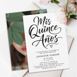 Convites Simples Quinceanera Caligrafia Preto e Branco Foto