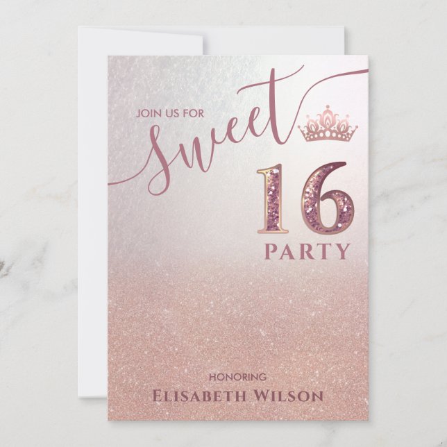 Convites Simples rosa de ouro Legal de tiara 16 (Frente)