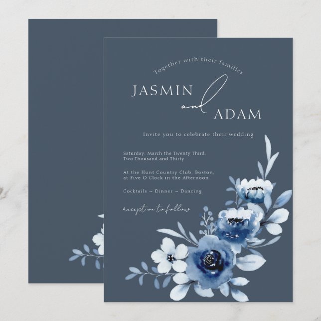 Convites Simples Rosas Azuis Reais Casamento Floral (Frente/Verso)