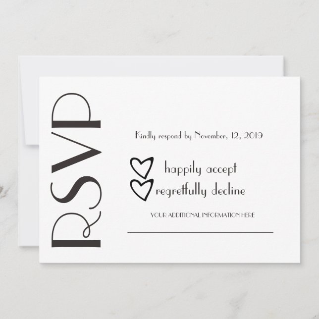 Convites Simples RSVP Coração Preto Branco Casamento (Frente)